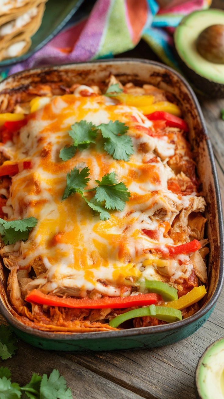 A hearty keto chicken enchilada casserole topped with cheese and cilantro, with a side of avocado slices on a wooden table.